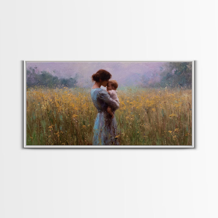 Mother Cuddling Baby In Golden Meadow Wall Art, Impressionist Canvas Print, Neutral Nursery Decor, Gift For Her, Living Room Decor