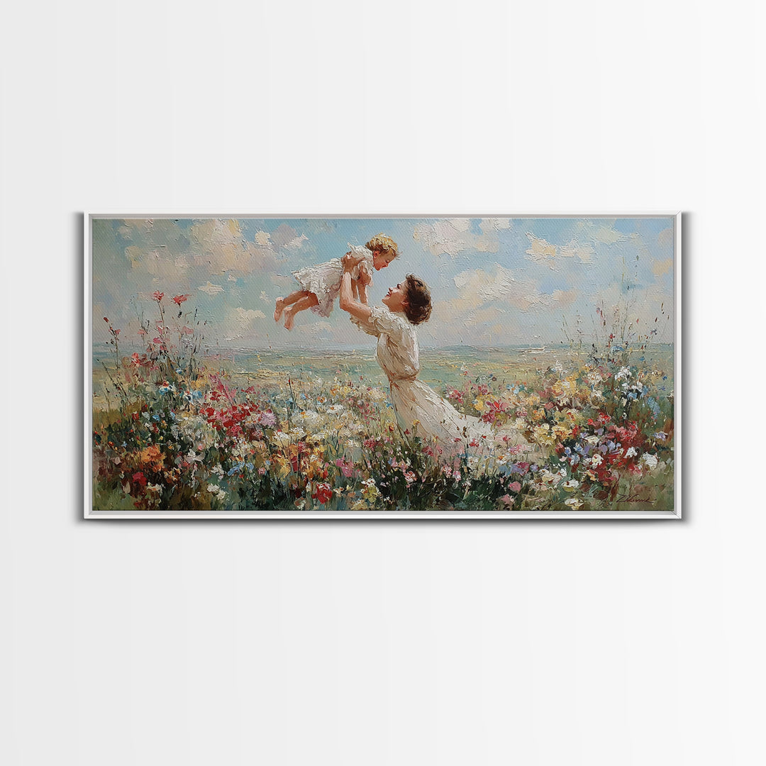 Mother Lifting Baby By Coastal Wildflower Meadow Wall Art, Impressionist Framed Canvas Print, Beach House Decor, Gift For Mom