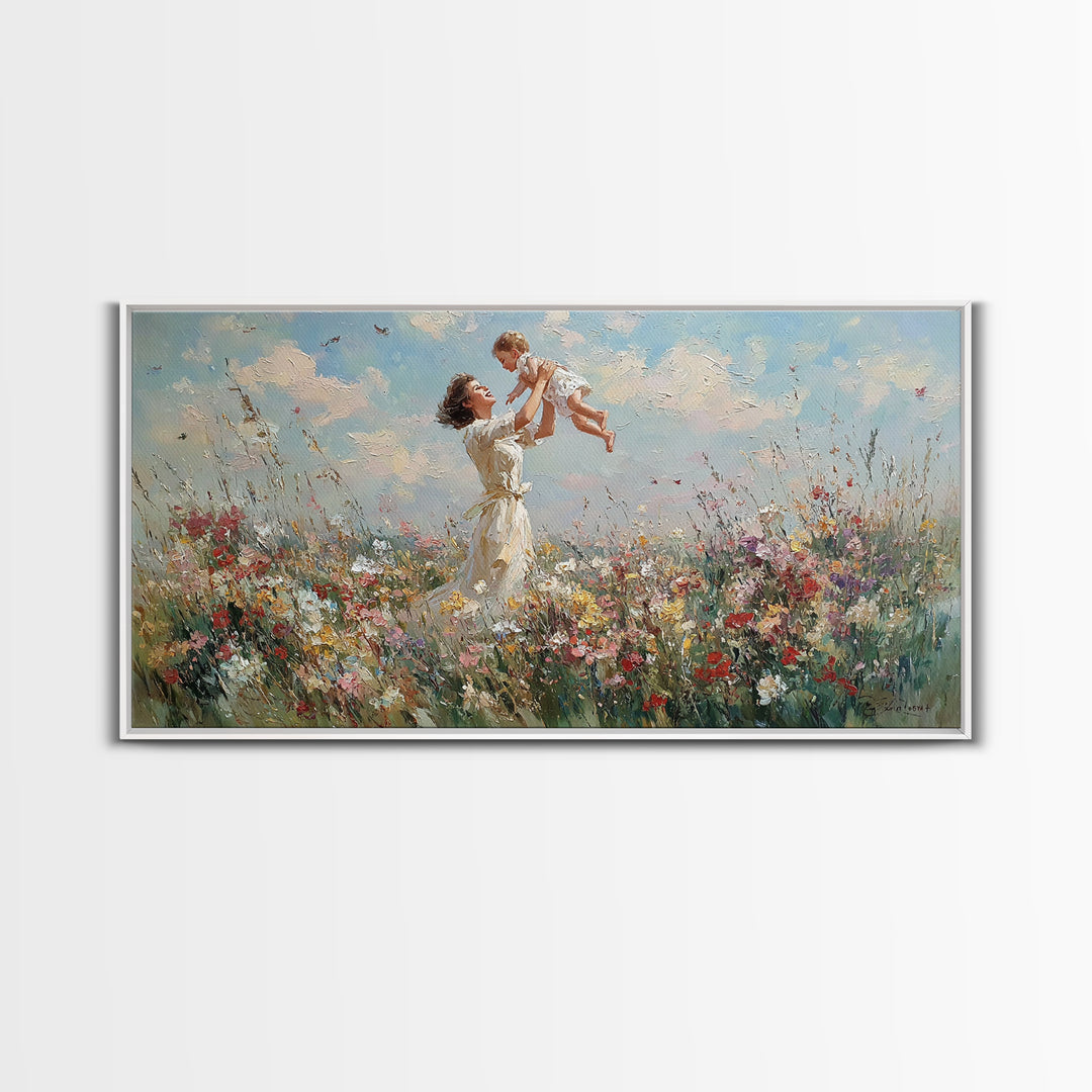 Mother Lifting Baby In Wildflower Meadow Wall Art, Impressionist Canvas Print, Floral Nursery Decor, Gift For Mom, Home Decor