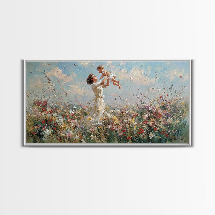 Mother Lifting Baby In Wildflower Meadow Wall Art, Impressionist Canvas Print, Floral Nursery Decor, Gift For Mom, Home Decor