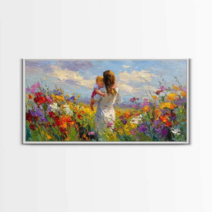 Woman Holding Baby In Vibrant Wildflower Meadow Framed Canvas Print, Mothers Day Gift, Floral Wall Art, Nursery Decor, Living Room Decor