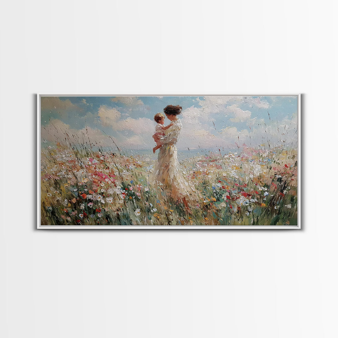 Mother And Baby In Soft Coastal Wildflower Field Canvas Print, Serene Floral Wall Art, Gift For Her, Bedroom Decor, Large Wall Art