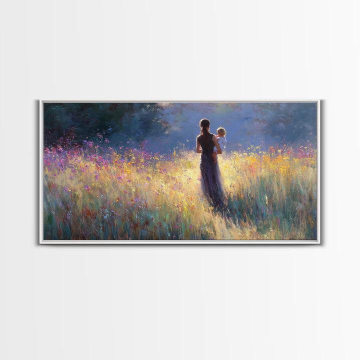 Backlit Mother Holding Baby In Glowing Wildflower Meadow Canvas Print, Moody Wall Art, Floral Wall Decor, Gift For Her, Large Wall Art