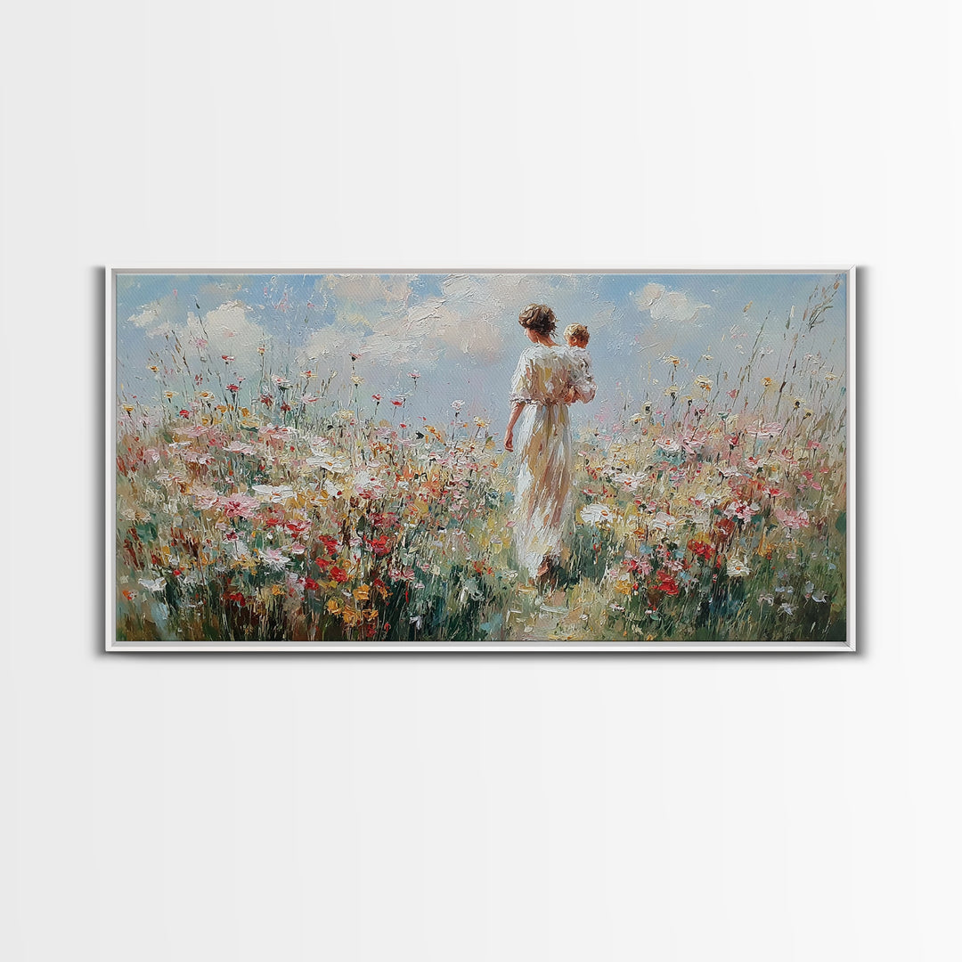Mother And Baby Amid White Daisies And Red Poppies Framed Canvas Print, Floral Wall Art, Nursery Decor, Gift For Her, Living Room Decor