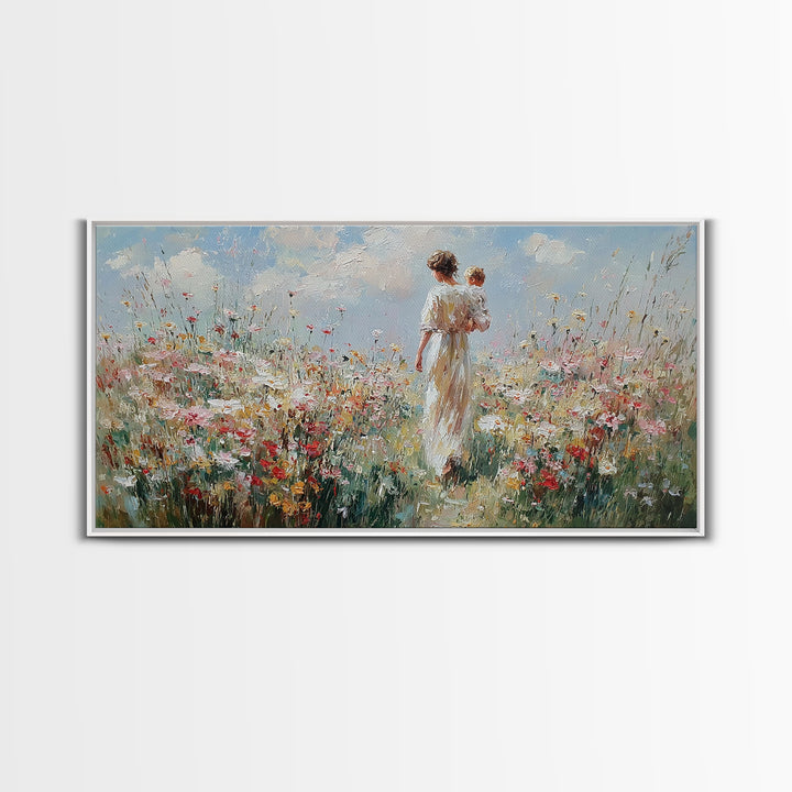 Mother And Baby Amid White Daisies And Red Poppies Framed Canvas Print, Floral Wall Art, Nursery Decor, Gift For Her, Living Room Decor
