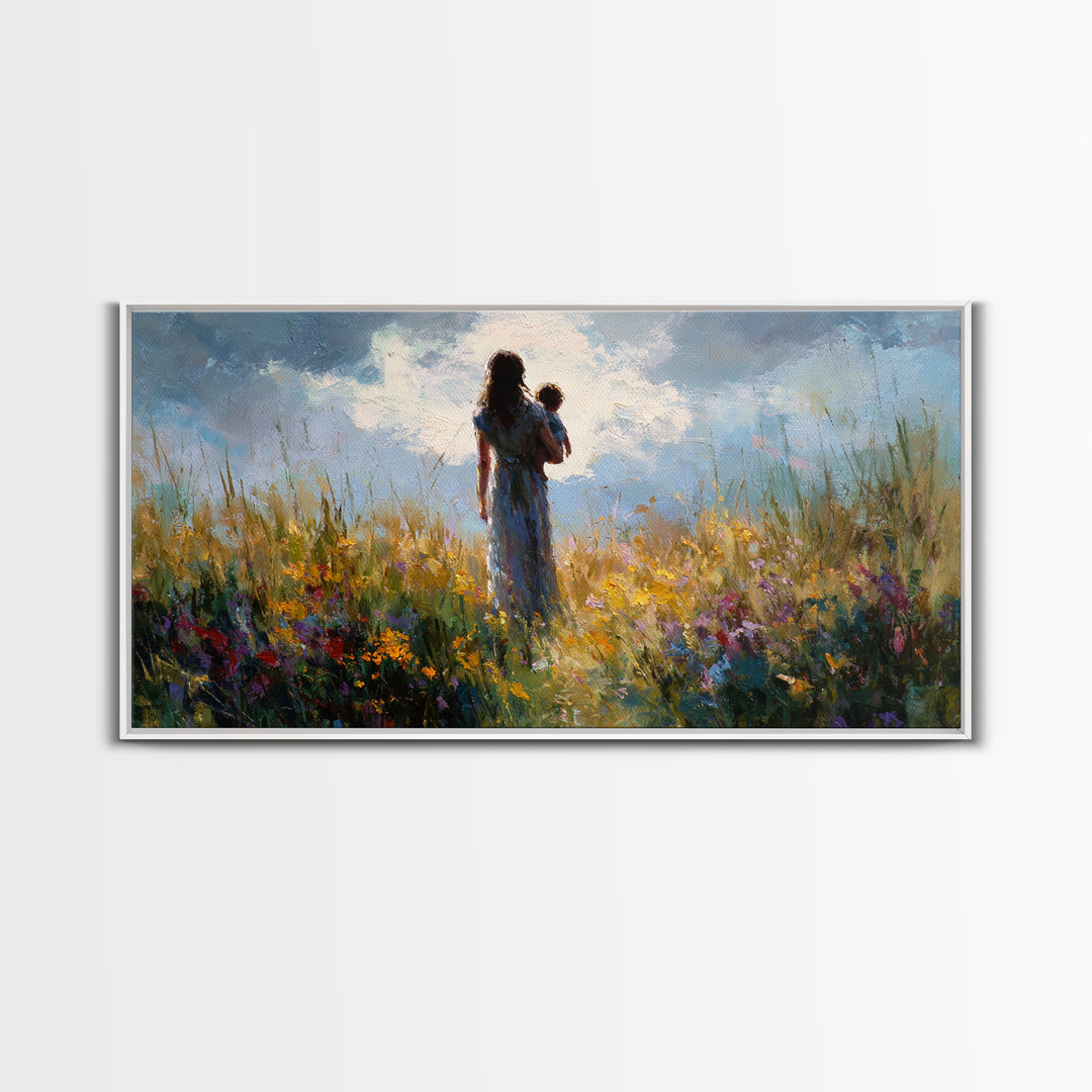 Mother And Baby In Windswept Summer Wildflower Field Canvas Print, Floral Wall Art, Gift For Her, Calming Bedroom Decor, Nursery Wall Art