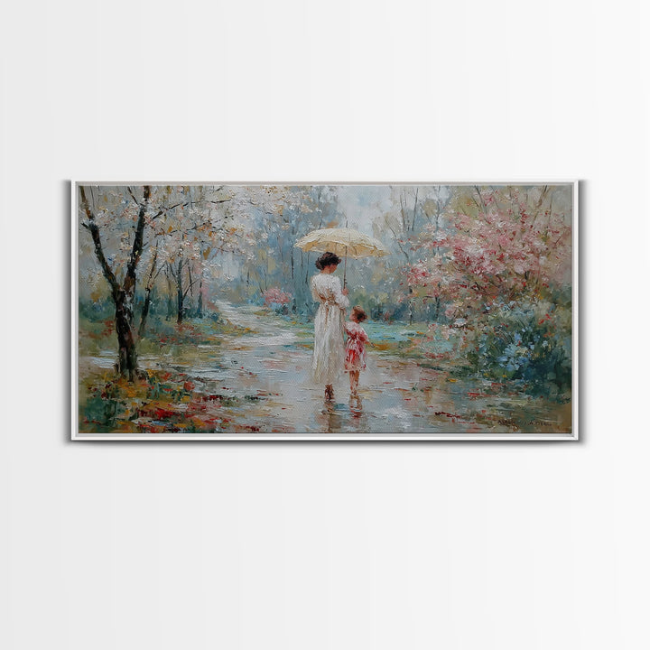 Mother And Child Walking Under Umbrella In Rainy Spring Garden Wall Art, Impressionist Painting, Gift For Her, Nursery Decor
