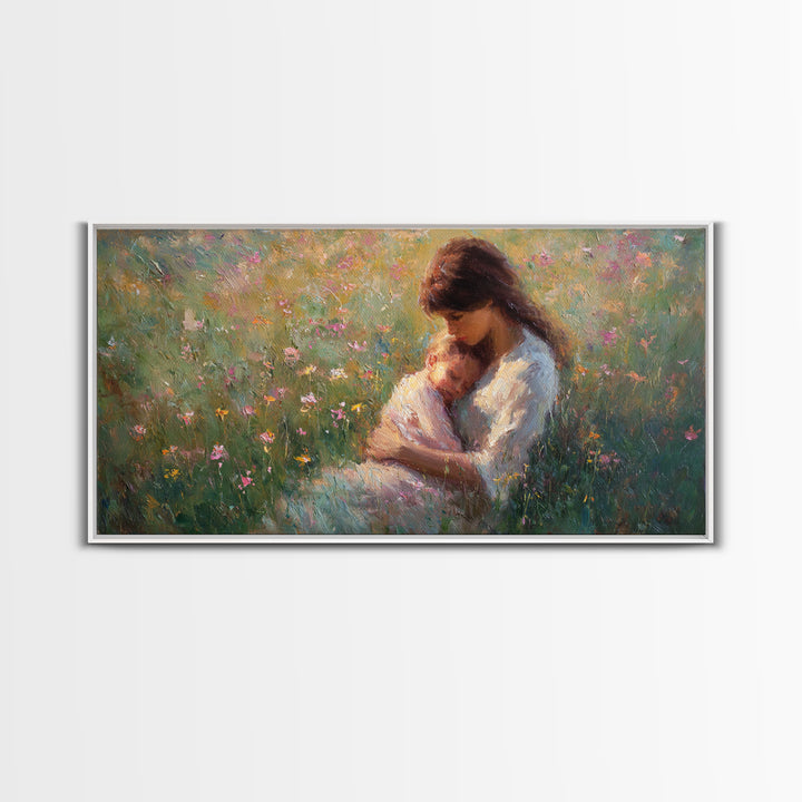 Tender Mother Cuddling Sleeping Baby In Flower Meadow Canvas Print, Feminine Wall Art, Mothers Day Gift, Bedroom Decor, Nursery Decor