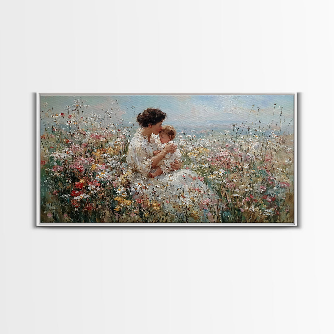 Seated Mother And Child In Coastal Wildflower Meadow Canvas Print, Impressionist Family Wall Art, Nursery Decor Gift For Her