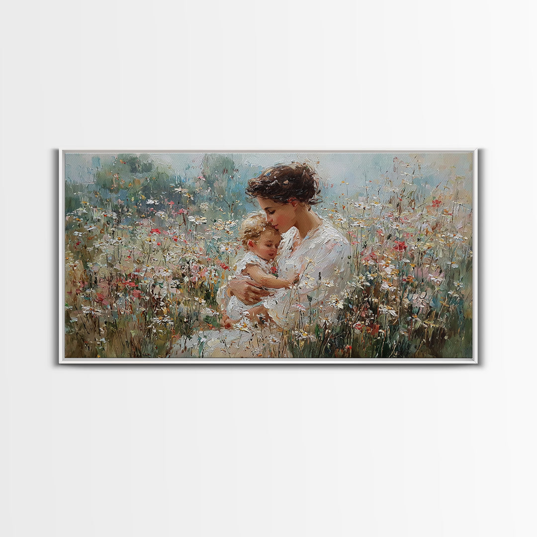 Mother Embracing Child In White Wildflower Meadow Framed Canvas Print, Impressionist Floral Wall Art, Nursery Decor Gift