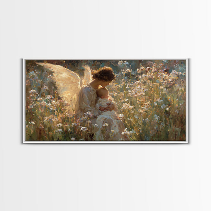 Sunlit Angel Cradling Baby Wall Art, Wildflower Meadow Painting, Christian Nursery Decor, Spiritual Gift For Mom, Canvas Art
