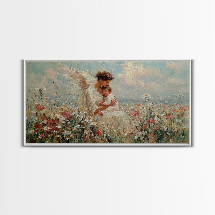 Angel And Baby In Flower Field Framed Canvas Print, Dreamy Christian Wall Art, Wildflower Nursery Decor, Gift For Her, Fine Art