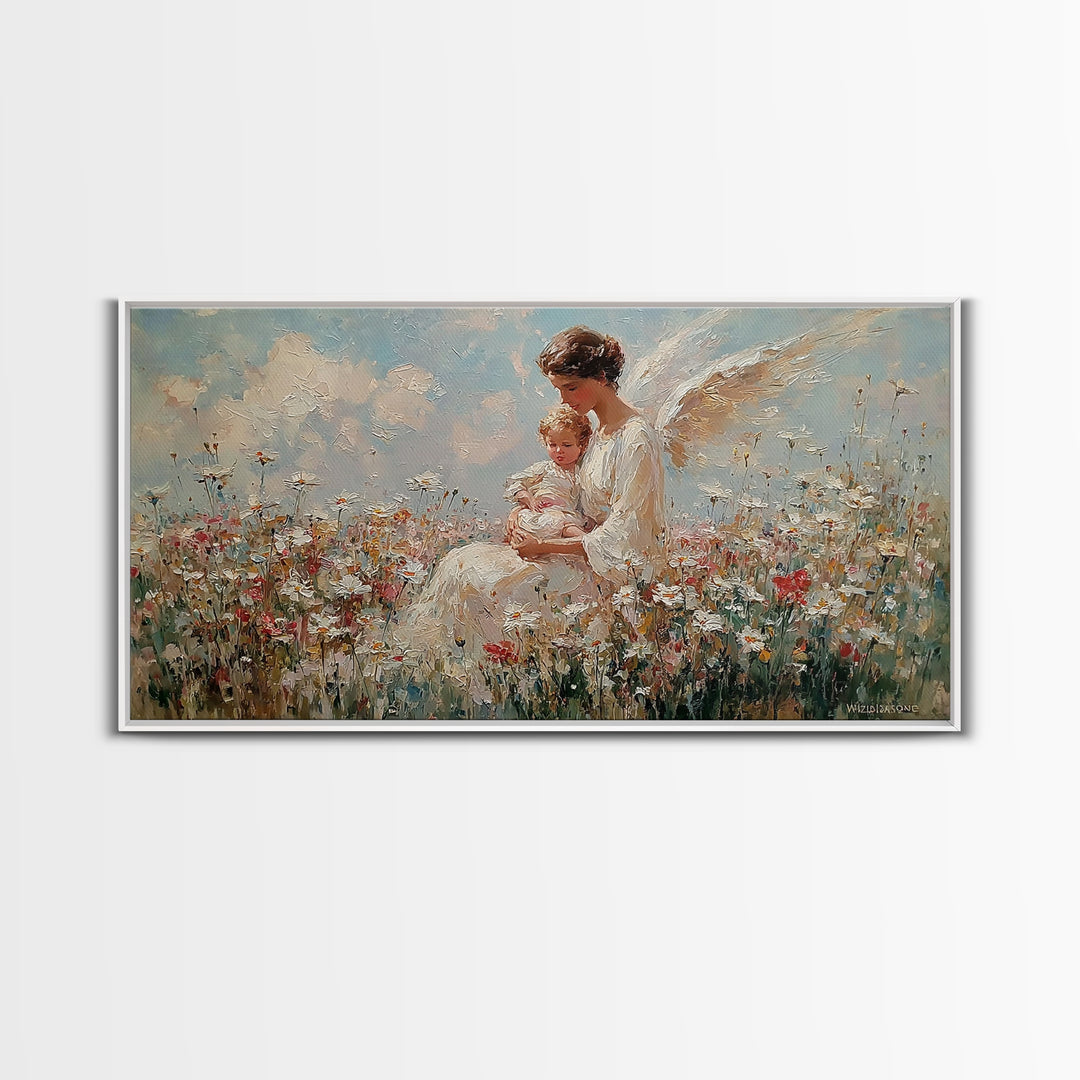 Guardian Angel With Baby Canvas Print, White Wildflower Meadow Painting, Christian Nursery Wall Art, Spiritual Gift For Mom