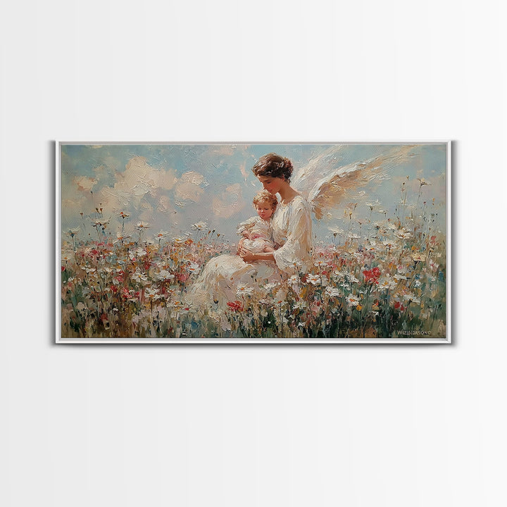 Guardian Angel With Baby Canvas Print, White Wildflower Meadow Painting, Christian Nursery Wall Art, Spiritual Gift For Mom
