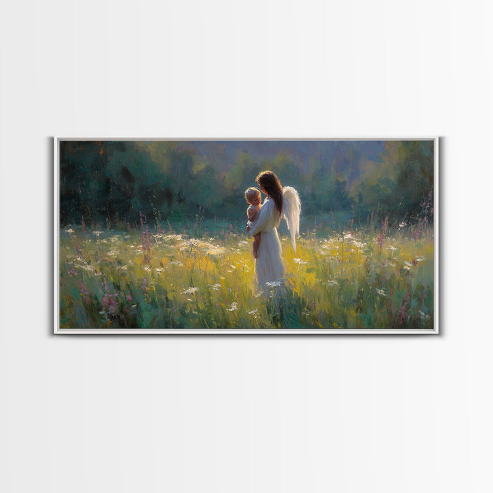 Angel Mother Holding Baby Wall Art, Luminous Meadow Oil Painting, Christian Nursery Decor, Spiritual Wall Decor, Gift For Her