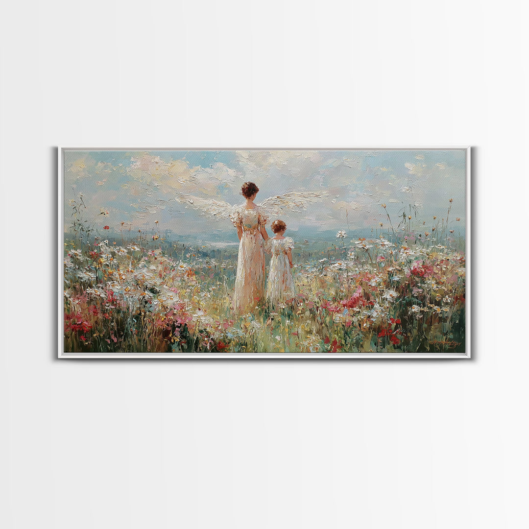 Angel And Child In Wildflower Field Framed Canvas Print, Impressionist Christian Wall Art, Floral Nursery Decor, Gift For Her
