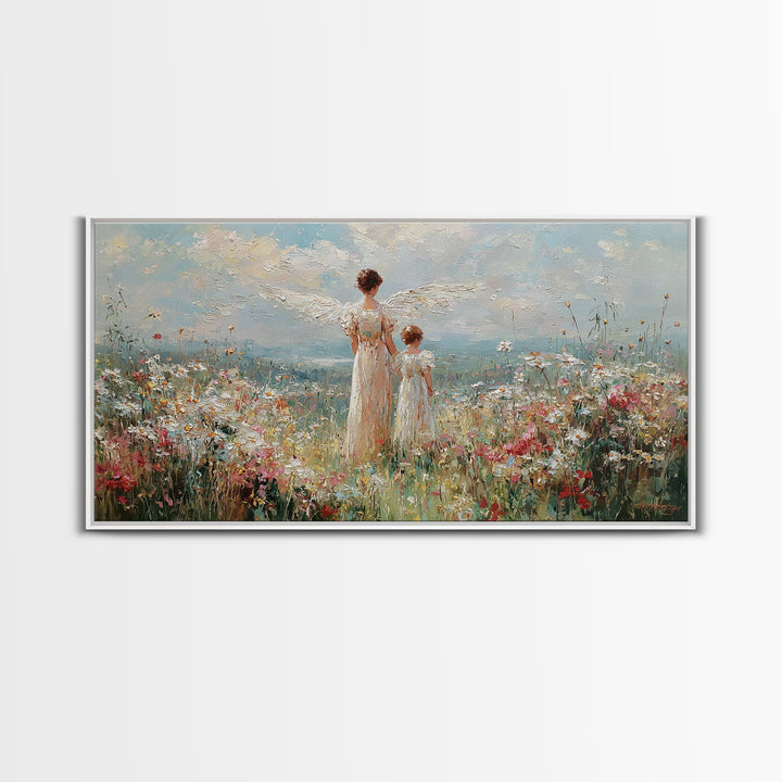 Angel And Child In Wildflower Field Framed Canvas Print, Impressionist Christian Wall Art, Floral Nursery Decor, Gift For Her