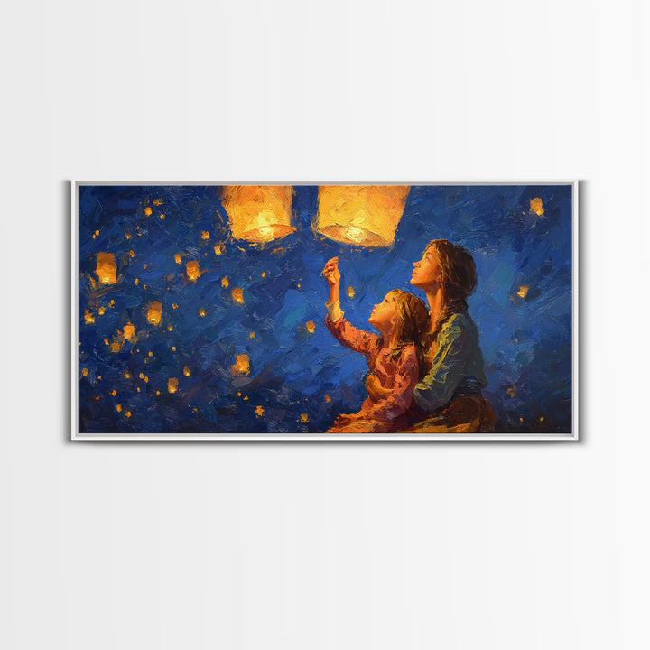 Mother And Child Lantern Festival Canvas Print, Blue Night Sky Painting, Whimsical Wall Art, Family Gift, Cozy Home Decor