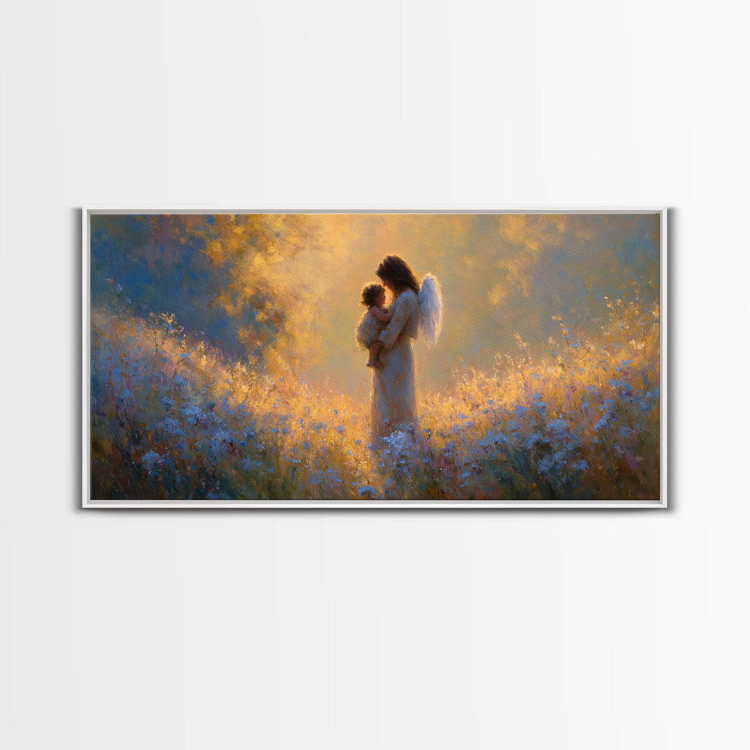 Guardian Angel Mother And Child In Golden Wildflower Meadow Wall Art, Christian Nursery Decor, Spiritual Gift For Mom, Home Decor