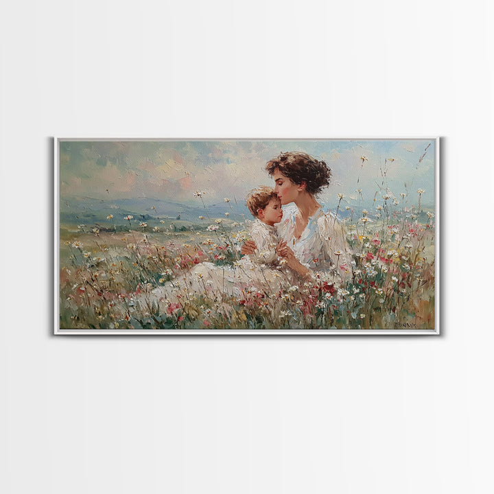 Seated Mother And Child In Soft Wildflower Field Canvas Print, Impressionist Floral Wall Art, Gift For Mom, Living Room Decor