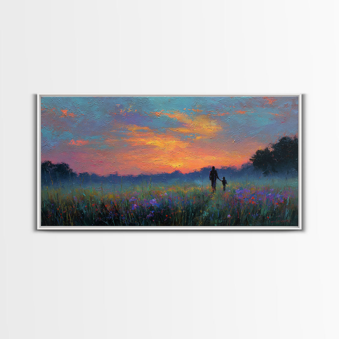 Sunset Meadow Silhouette Framed Canvas Print, Colorful Landscape Wall Art, Mother Child Decor, Living Room Art, Housewarming Gift