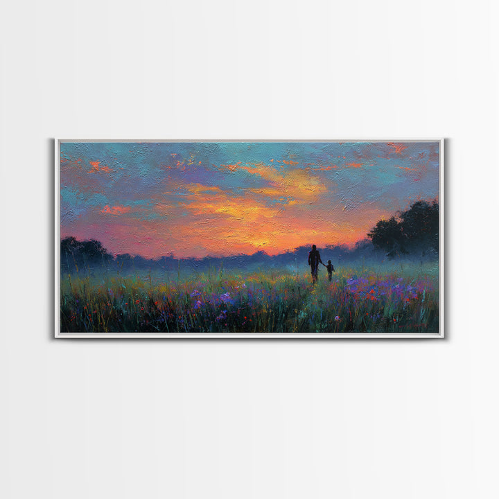 Sunset Meadow Silhouette Framed Canvas Print, Colorful Landscape Wall Art, Mother Child Decor, Living Room Art, Housewarming Gift