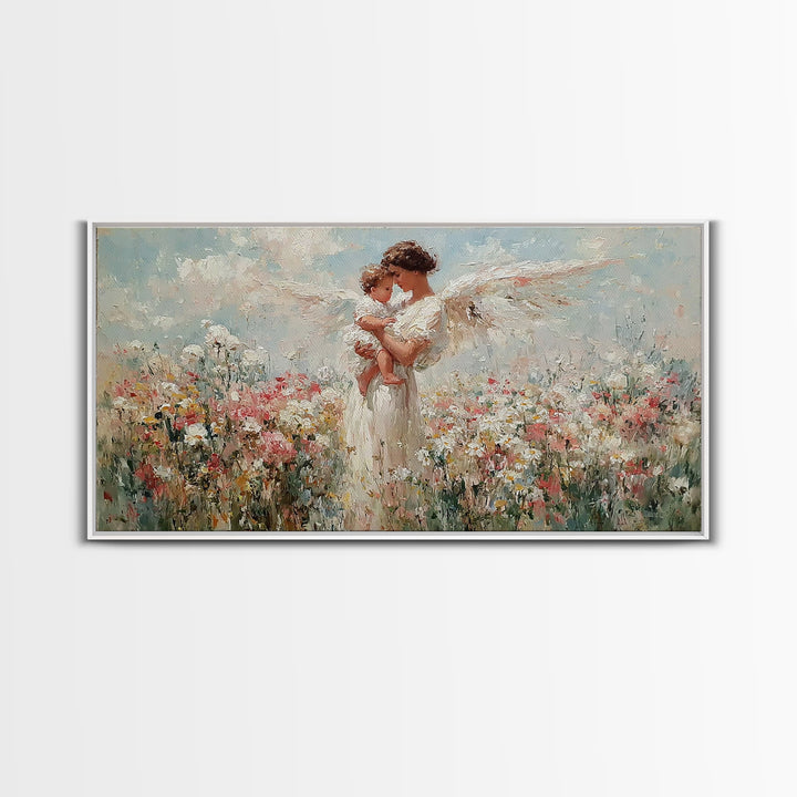 Angel Mother Holding Baby Wall Art, White Wings Wildflower Canvas Print, Spiritual Nursery Decor, Gift For Mom, Christian Wall Art