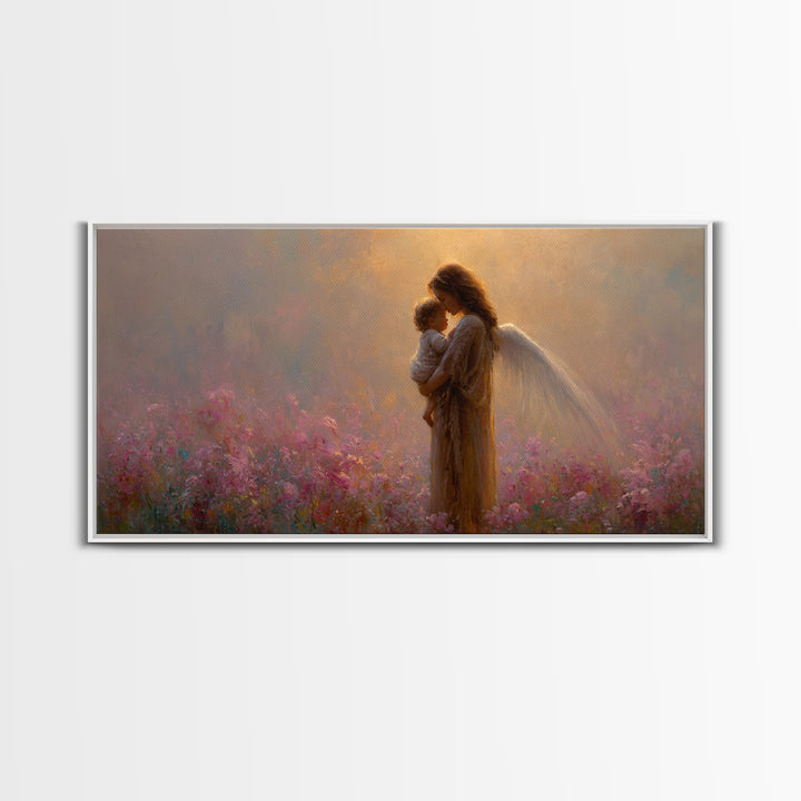 Angel Mother And Child Pink Garden Canvas Print, Ethereal Christian Wall Art, Spiritual Nursery Decor, Gift For Mom, Gift For Her