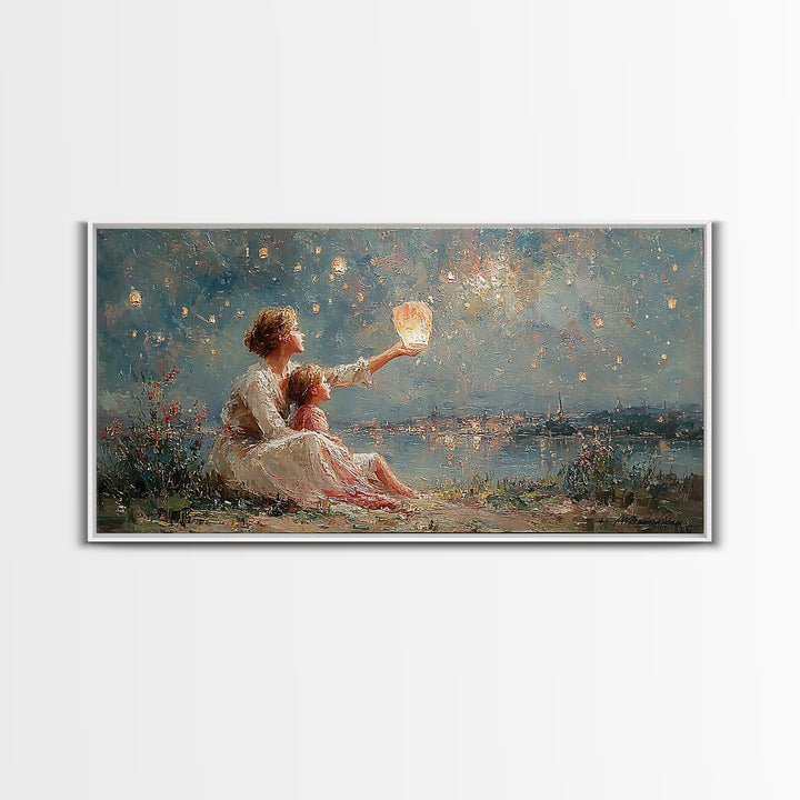 Mother And Child With Lantern By Moonlit Lake Framed Canvas Print, Impressionist Wall Art For Nursery And Coastal Decor Gift