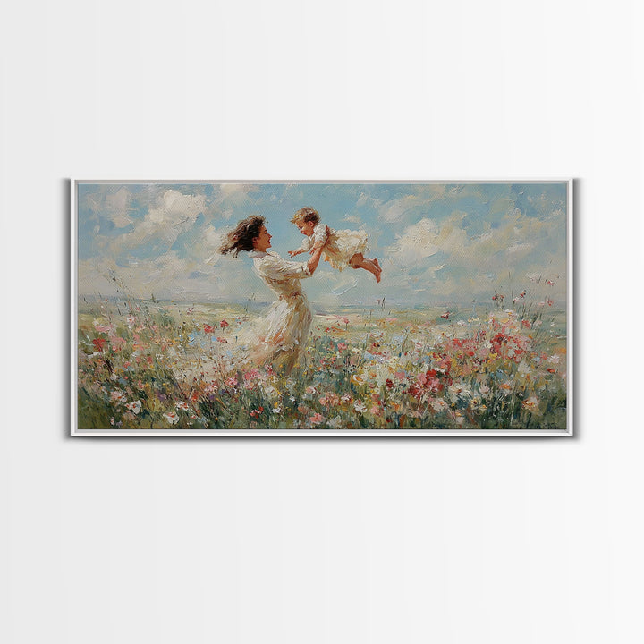 Mother Lifting Baby In Breezy Flower Field Canvas Print, Impressionist Wall Art For Nursery, Bedroom Decor, And Gift For Her