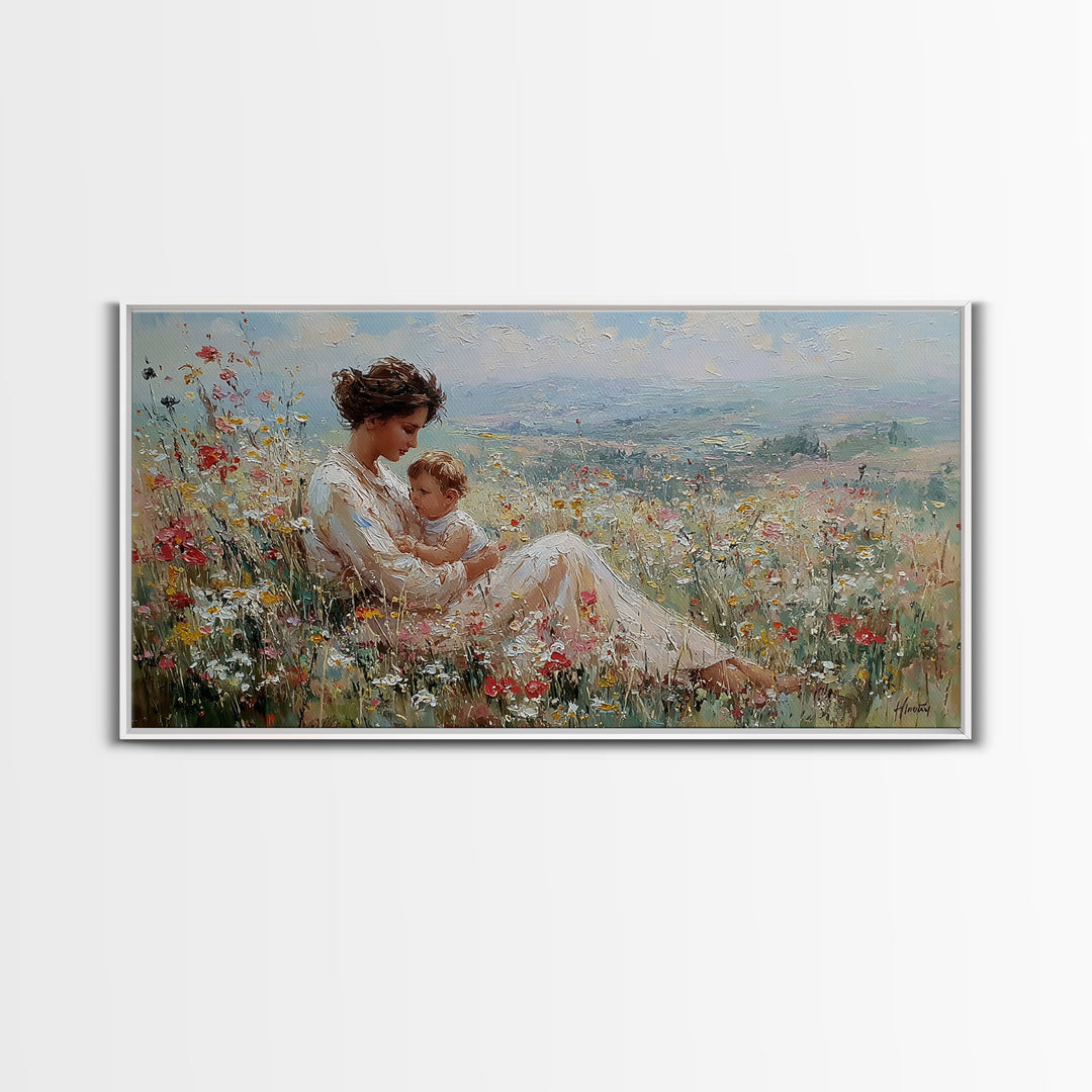 Nursing Mother With Baby In Sunlit Flower Meadow Wall Art, Impressionist Canvas Print For Nursery Decor And Housewarming Gift