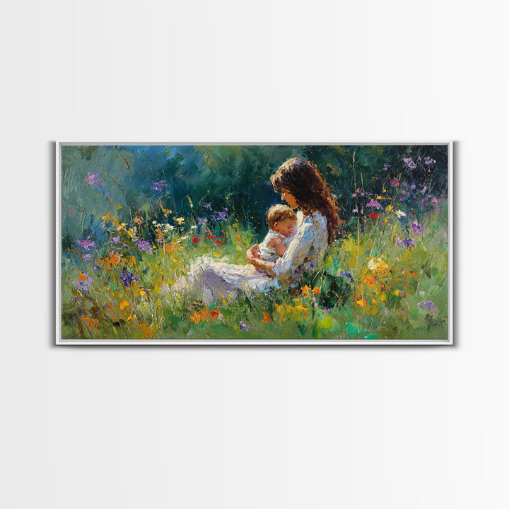 Mother Nursing Baby In Shaded Garden Wildflowers Canvas Print, Impressionist Wall Art For Nursery Decor And Nature Lover Gift