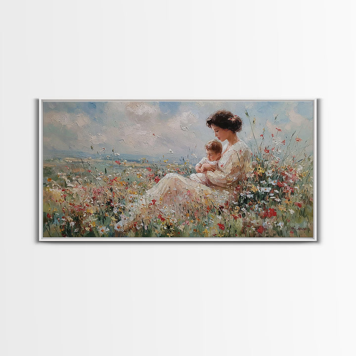 Seated Mother Nursing Baby In Meadow Wildflowers Framed Canvas Print, Impressionist Wall Art For Nursery And Bedroom Decor