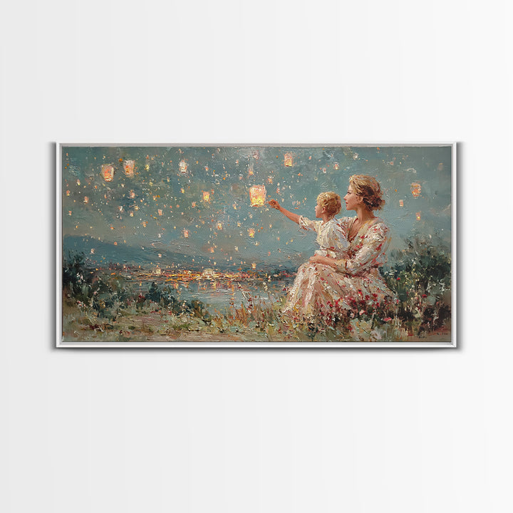 Mother And Child Sky Lanterns Over Lake Wall Art, Dreamy Night Landscape, Romantic Decor, Gift For Mom, Bedroom Wall Art