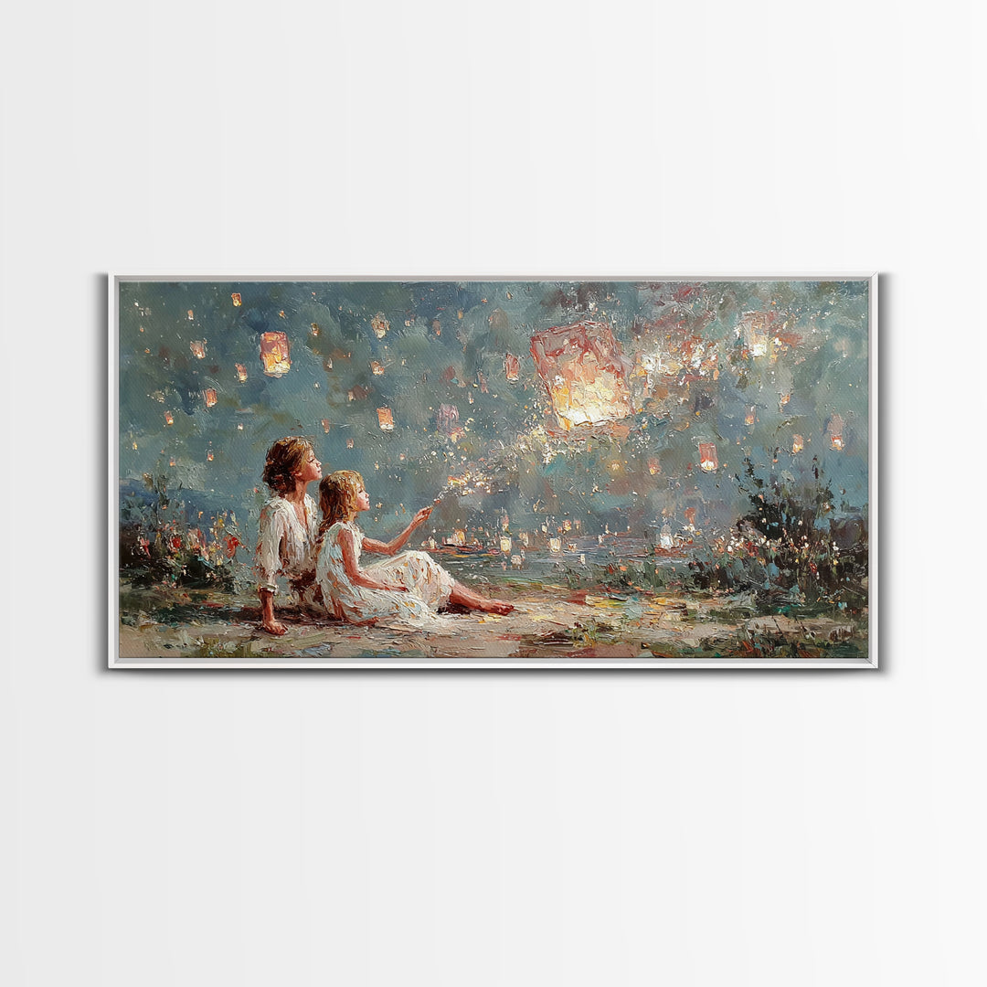 Children Launching Glowing Sky Lanterns Canvas Print, Magical Lake Wall Art, Whimsical Decor, Nursery Art, Gift For Her, Bedroom Decor