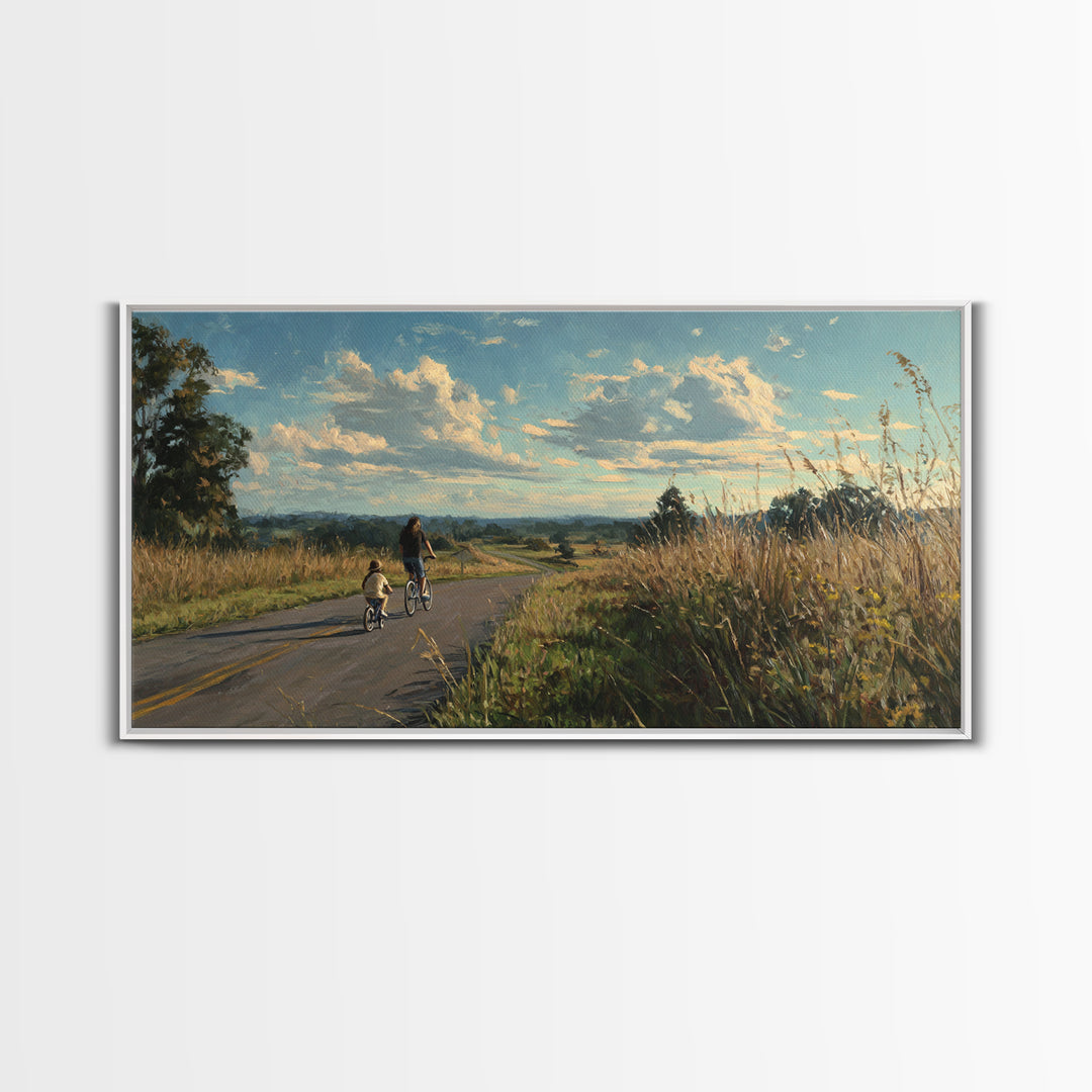 Country Road Bike Ride With Child, Golden Meadow Landscape Wall Art, Family Home Decor, Living Room Art, Housewarming Gift