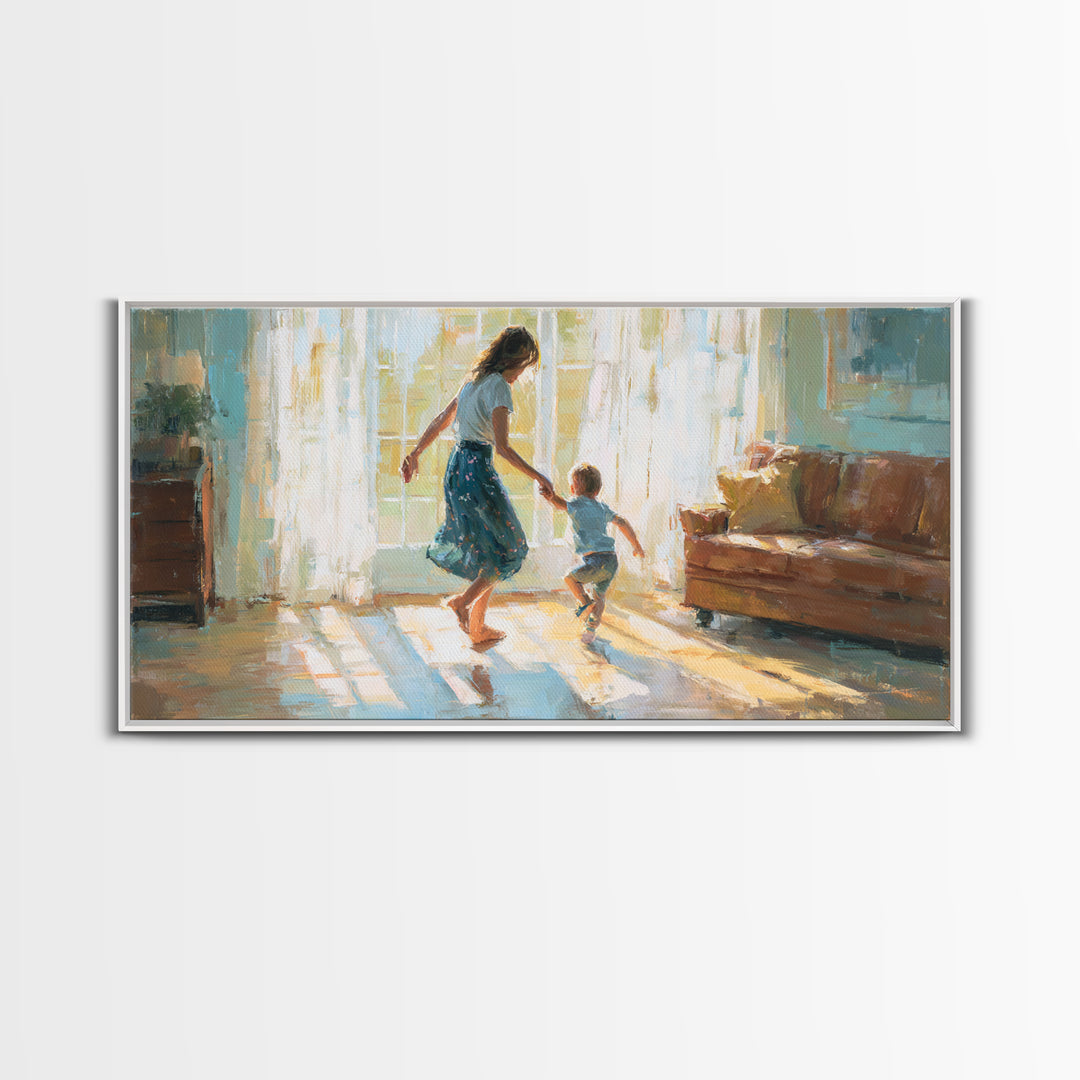 Mother And Toddler Dancing In Sunlit Living Room Canvas Print, Warm Family Wall Art, Cozy Home Decor, Gift For Her, Bedroom Decor