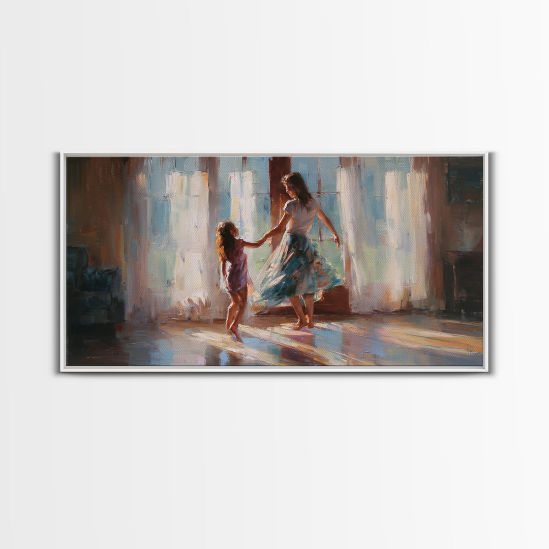 Mother And Daughter Dancing By Bright Windows Framed Canvas Print, Sunlit Family Wall Art, Feminine Home Decor Gift, Living Room Decor