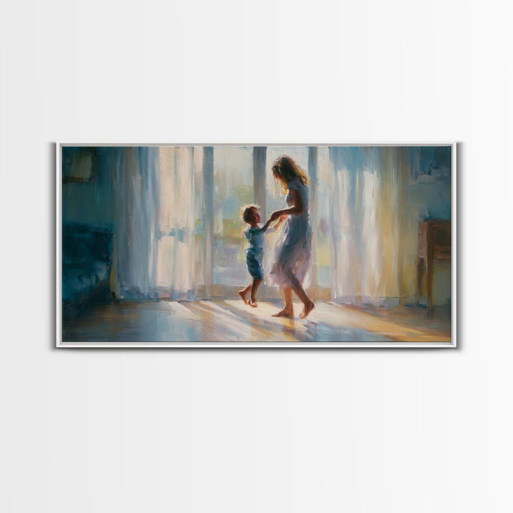 Mother And Child Dancing In Window Light Wall Art, Impressionist Family Painting, Cozy Bedroom Decor, Gift For Her, Living Room Art