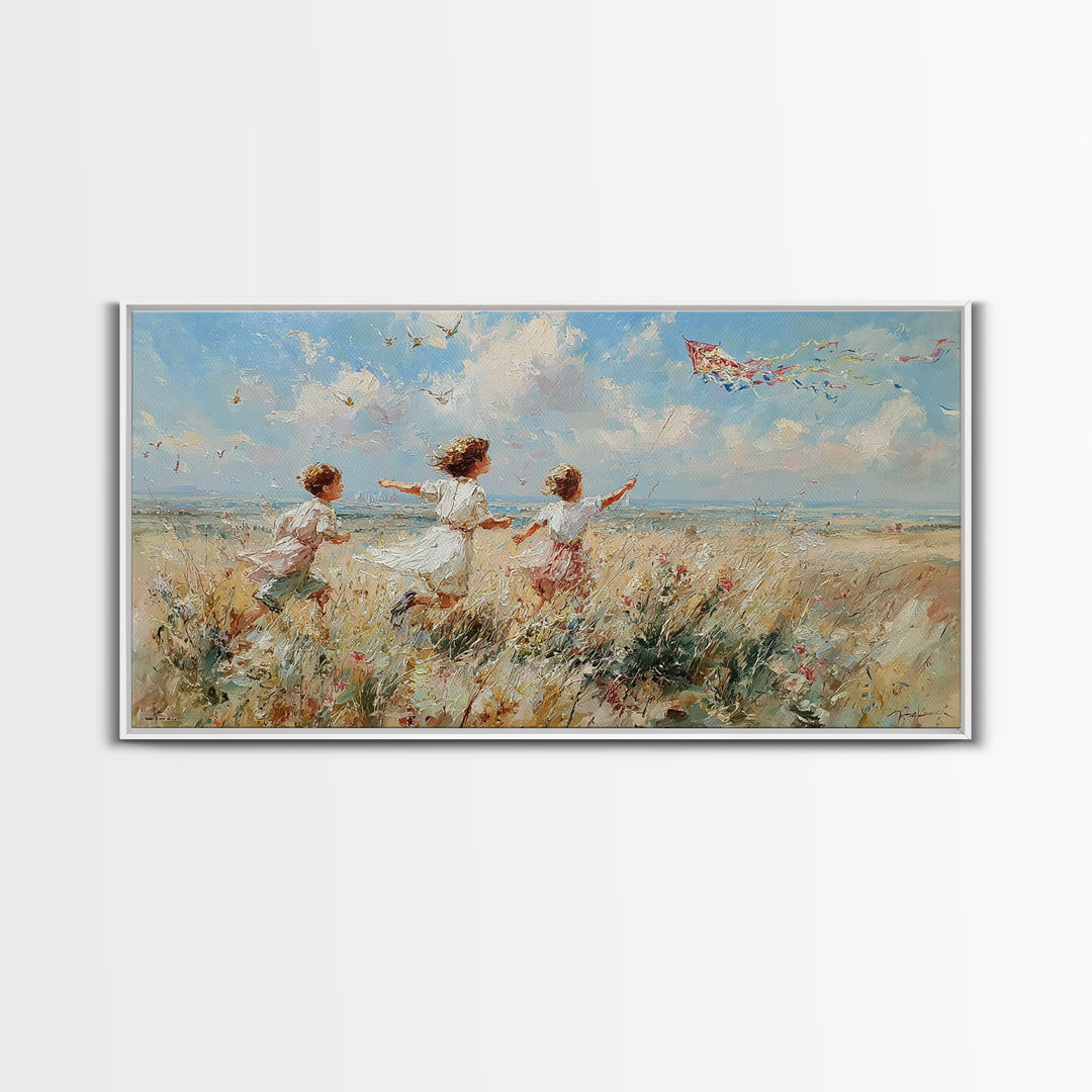 Children Running Through Meadow Canvas Print, Kite Flying Wall Art, Impressionist Landscape, Playroom Decor, Gift For Her