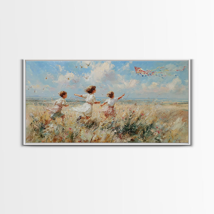 Children Running Through Meadow Canvas Print, Kite Flying Wall Art, Impressionist Landscape, Playroom Decor, Gift For Her