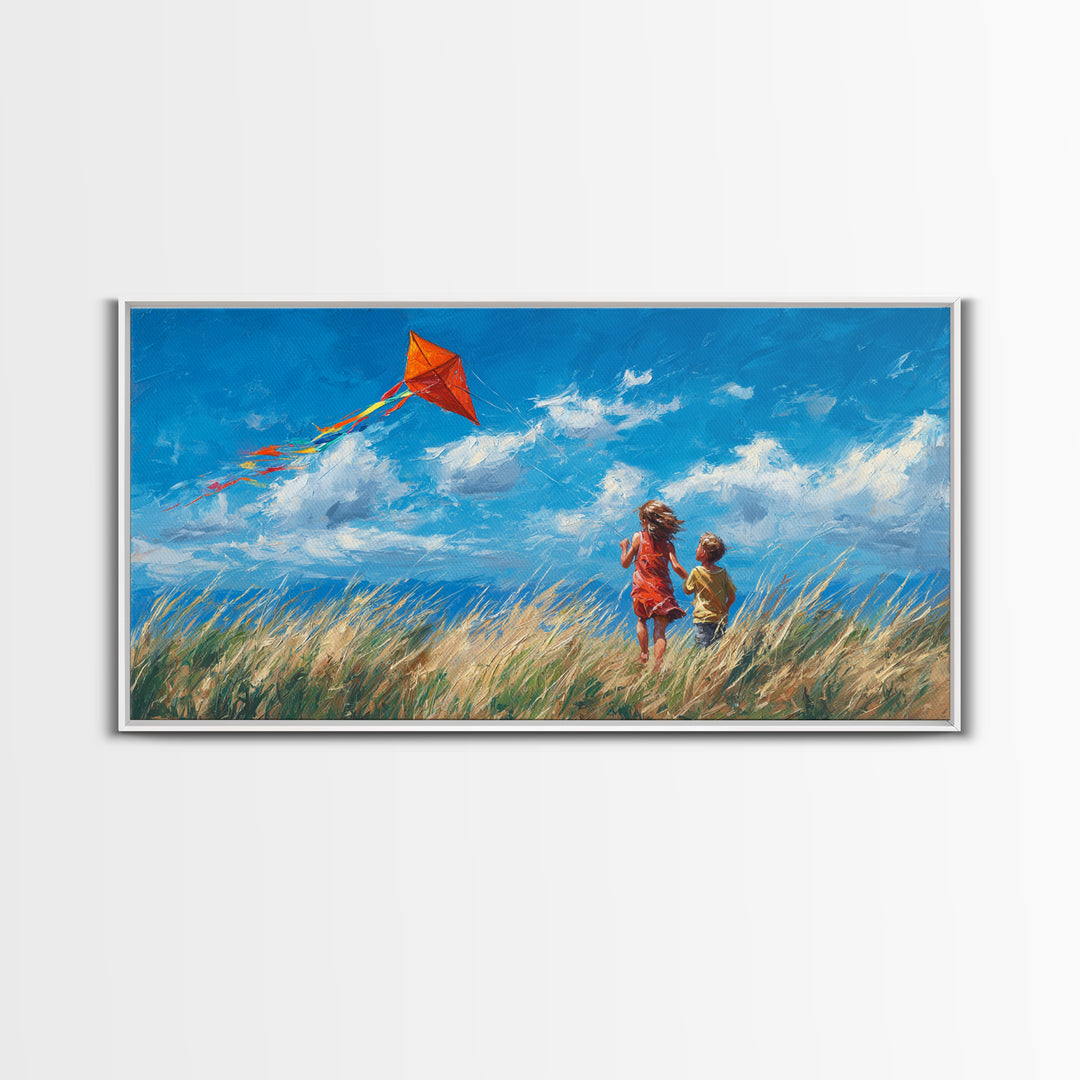 Two Children Flying Red Kite Canvas Print, Bright Blue Sky Wall Art, Summer Meadow Decor, Kids Room Art, Gift For Mom, Home Decor
