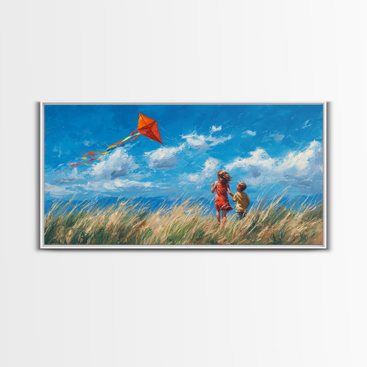 Two Children Flying Red Kite Canvas Print, Bright Blue Sky Wall Art, Summer Meadow Decor, Kids Room Art, Gift For Mom, Home Decor