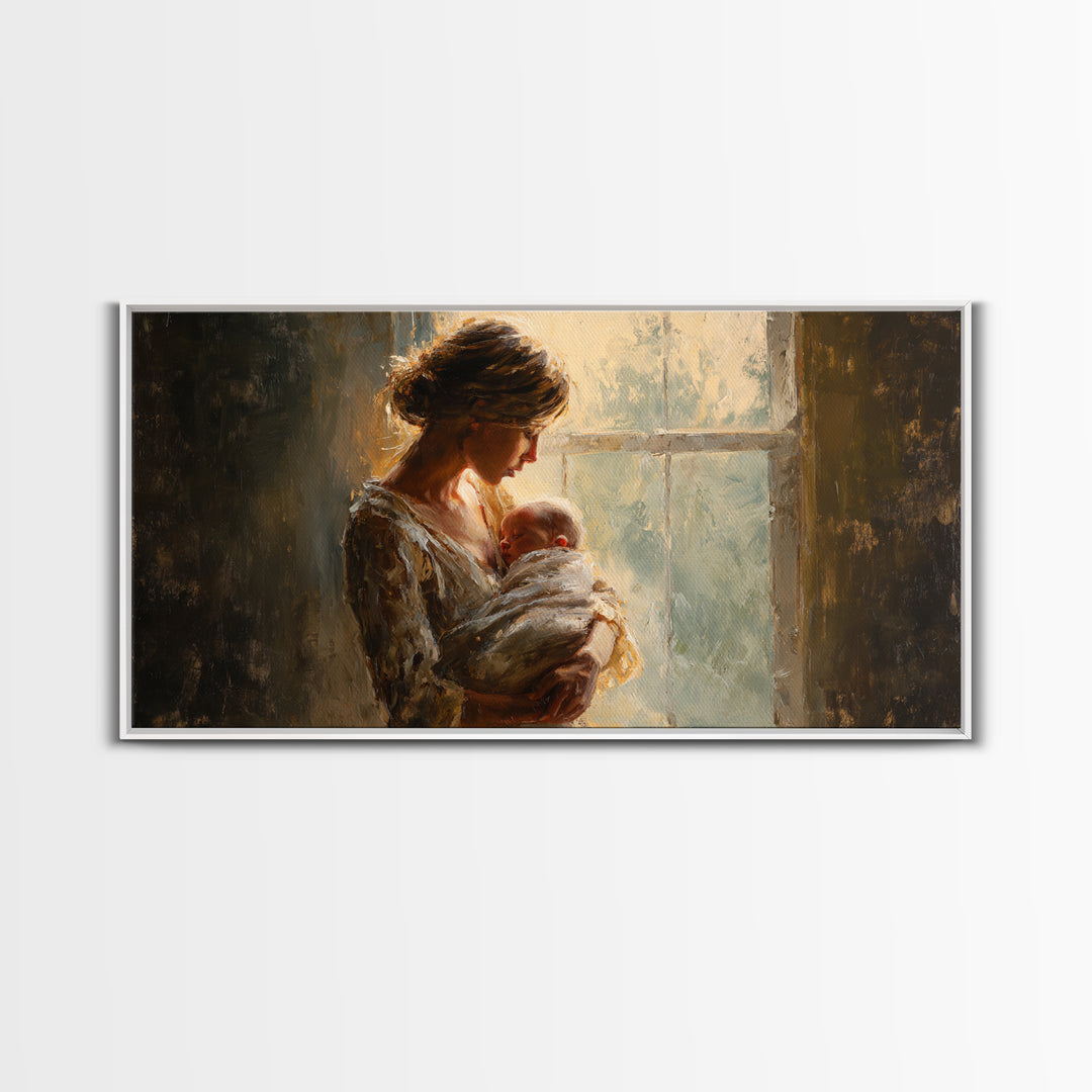Mother Holding Newborn By Window Canvas Print, Tender Nursery Wall Art, Warm Bedroom Decor, Baby Shower Gift For Mom, Home Decor