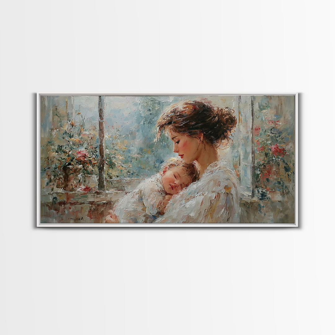 Tender Mother And Baby By Rainy Window Canvas Print, Impressionist Nursery Wall Art, Floral Bedroom Decor, New Mom Gift, Home Decor