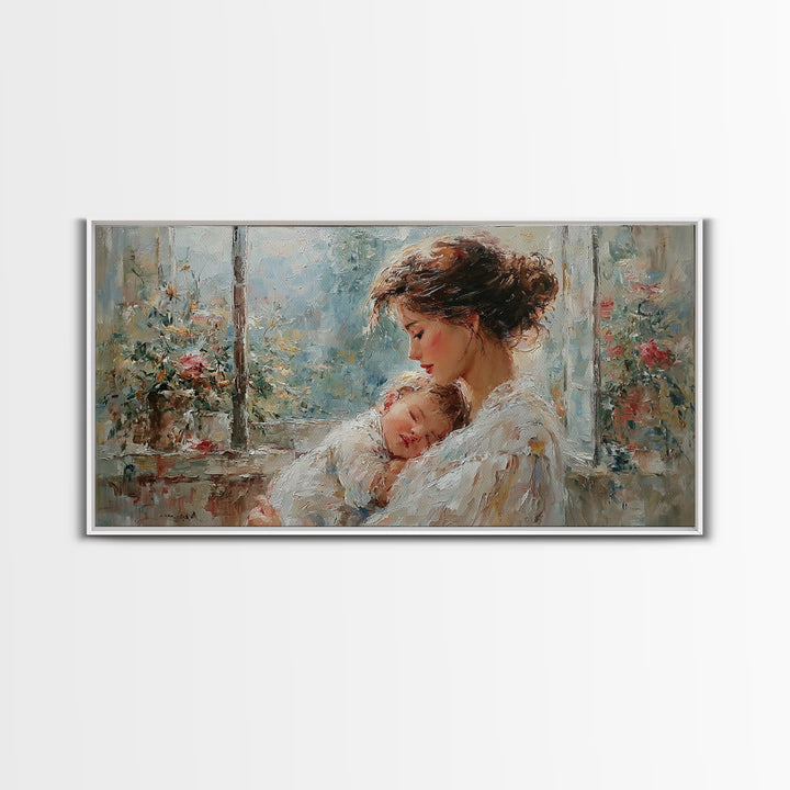 Tender Mother And Baby By Rainy Window Canvas Print, Impressionist Nursery Wall Art, Floral Bedroom Decor, New Mom Gift, Home Decor