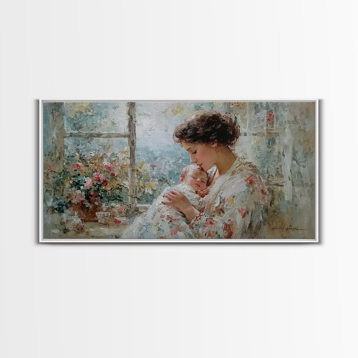 Mother Kissing Newborn By Garden Window Framed Canvas Print, Impressionist Nursery Wall Art, Floral Home Decor Gift For Her