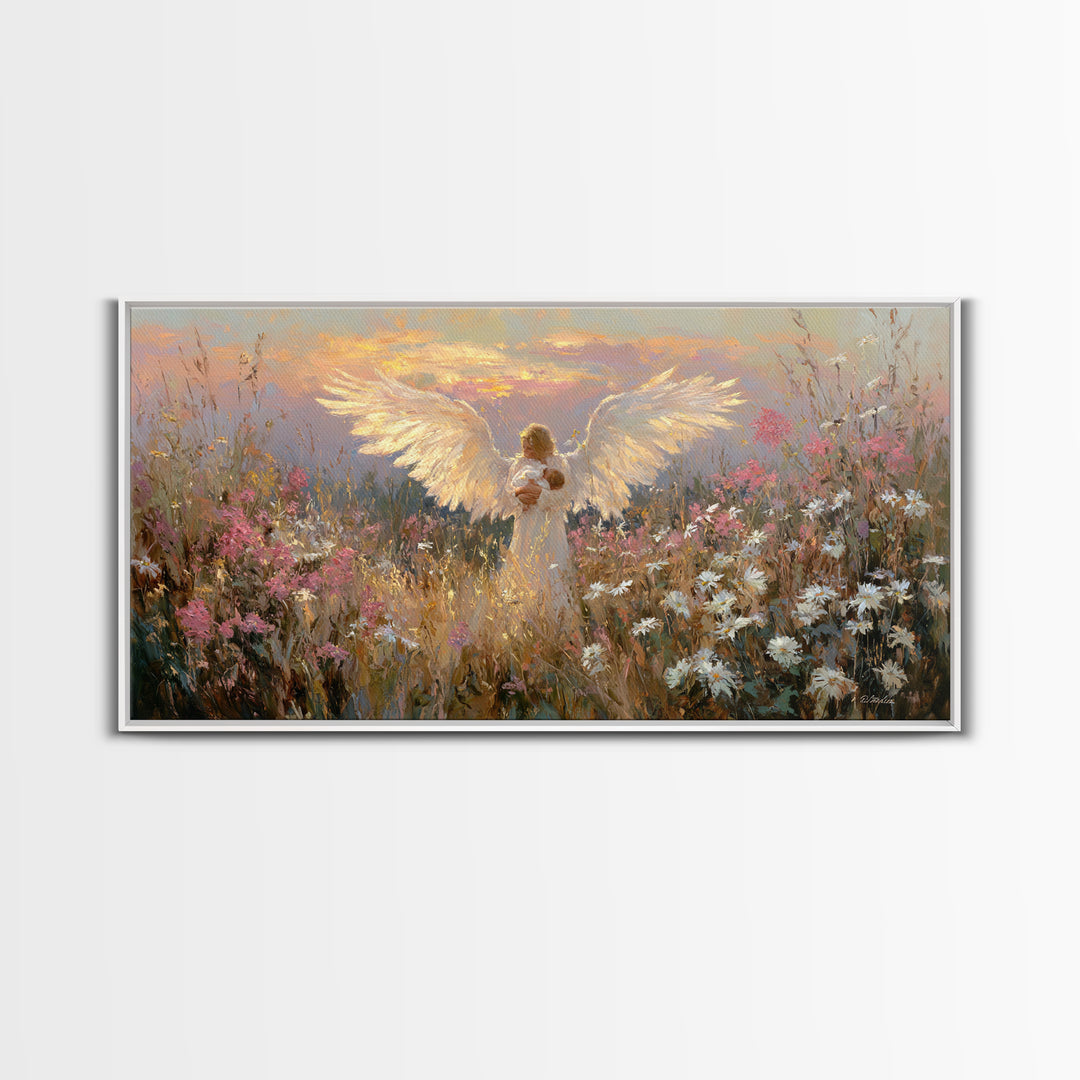 Glowing Guardian Angel Holding Baby At Sunset Canvas Print, Spiritual Wall Art, Wildflower Meadow Decor, Christian Gift Idea