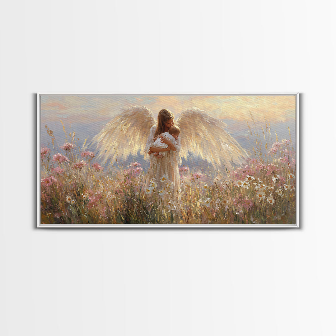 Radiant Angel Cradling Infant In Wildflower Field Canvas Print, Christian Wall Art, Spiritual Nursery Decor, Baby Shower Gift