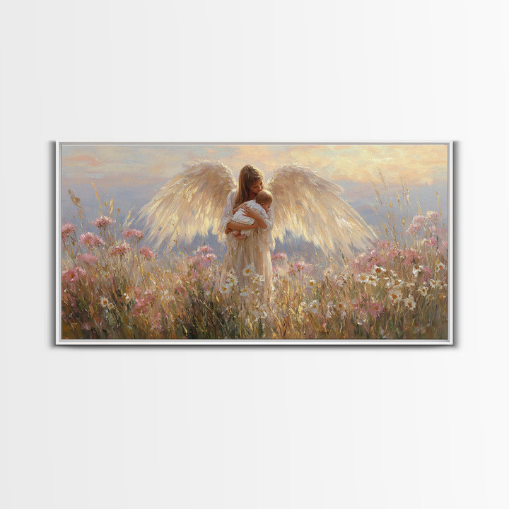 Radiant Angel Cradling Infant In Wildflower Field Canvas Print, Christian Wall Art, Spiritual Nursery Decor, Baby Shower Gift